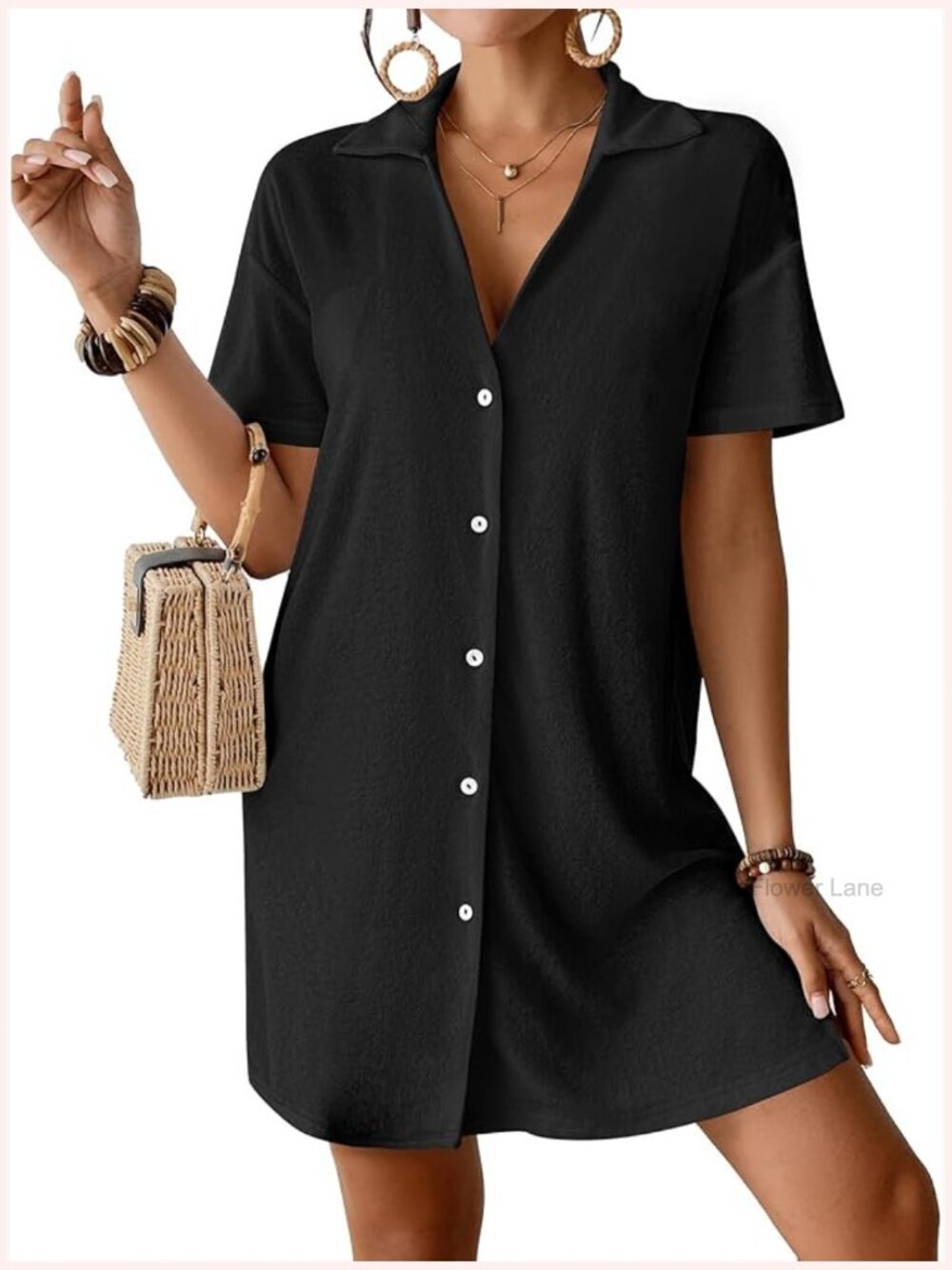 Terry Cloth Swim Cover Up Button Down Short Sleeve Beach Shirt Vacay Wear
